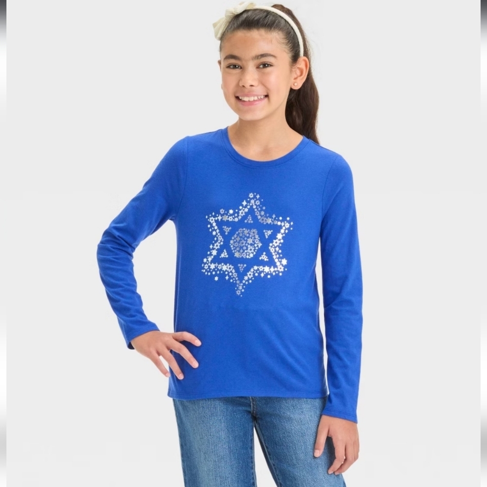 Girls' Long Sleeve 'Star' Hanukkah Graphic T-Shirt - Cat & Jack Blue M (8)